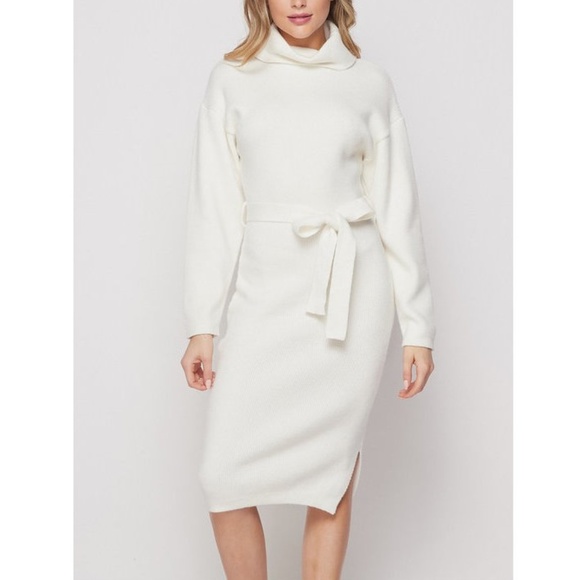 Ivory Turtleneck Belted Knit Sweater Dress - Picture 4 of 7